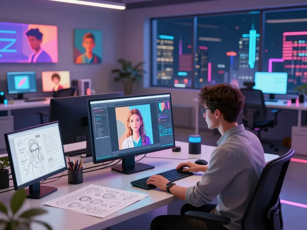 Engaging user interacting with ai nsfw image generator in a vibrant futuristic workspace, showcasing creative technology.