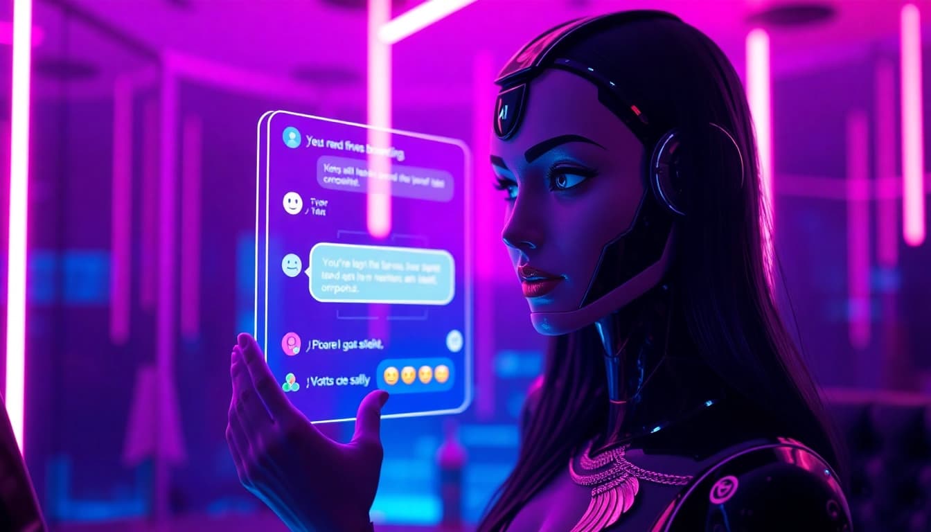 Engaging AI chat porn experience with a stylish chatbot in a futuristic digital lounge.
