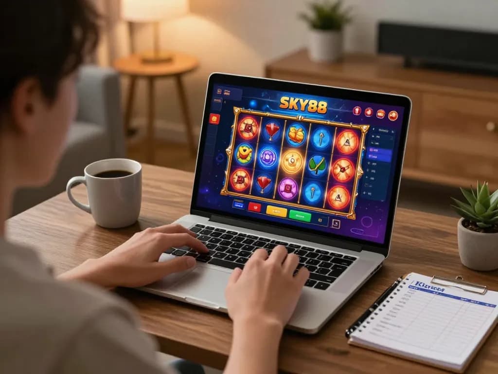 Pemain menikmati sesi di platform kasino online SKY88 dengan gulungan slot yang cerah.
