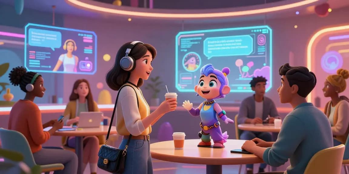 Interactive scene of users engaging with character AI NSFW avatars in a vibrant futuristic digital space
