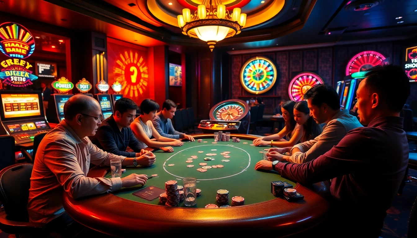 Experience the thrill of high-stakes poker at Xin88 Casino with vibrant gaming atmosphere and players in focus.