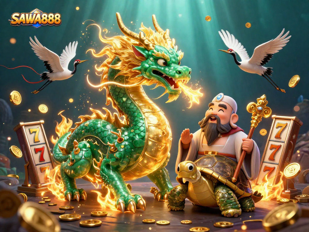Experience the excitement of SAWA888 with dynamic slot action and a mystical dragon in this vibrant casino scene.
