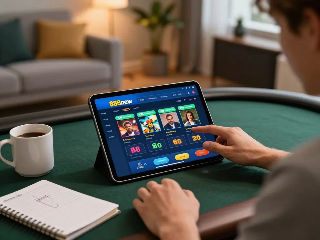 Engaging in 888new win online gaming strategy with tablet and notes in a cozy setting.