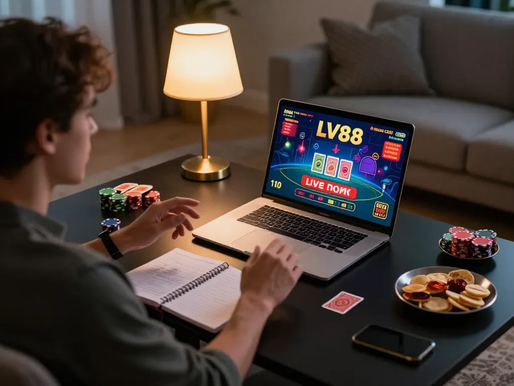 Player enjoying LV88 live dealer game on a laptop at home, showcasing responsible online gambling atmosphere.
