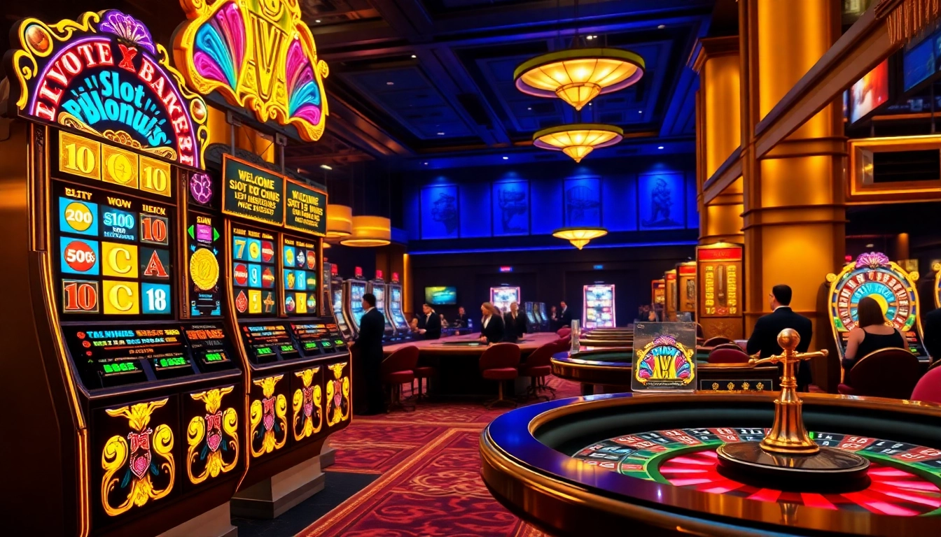 A thrilling moment at a casino showcasing a slot bonus new member promotion with vibrant machines and colorful chips.