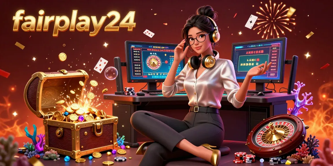 Win big with fairplay24 in this dynamic 3D illustration showing a professional gamer amidst casino games and vibrant elements.