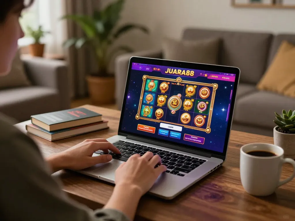 JUARA88 LOGIN interface displayed as a player engages with online slots in a cozy home setting