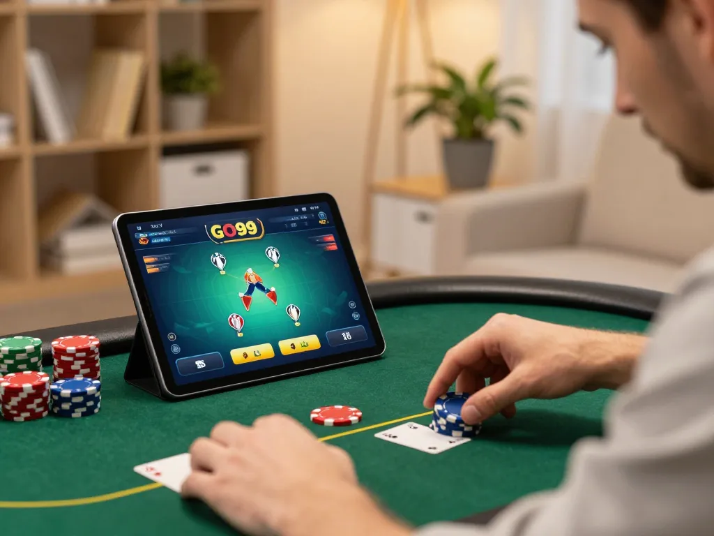 Go99 player intensely strategizing in an online poker game during cozy home gaming session
