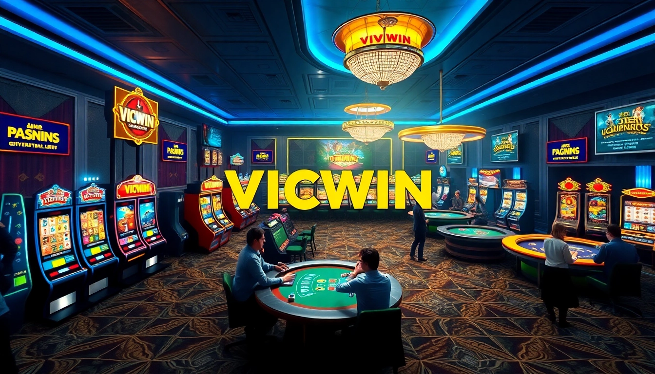 Experience the excitement of VICWIN's vibrant online gaming platform, featuring colorful slot machines and live dealer tables.