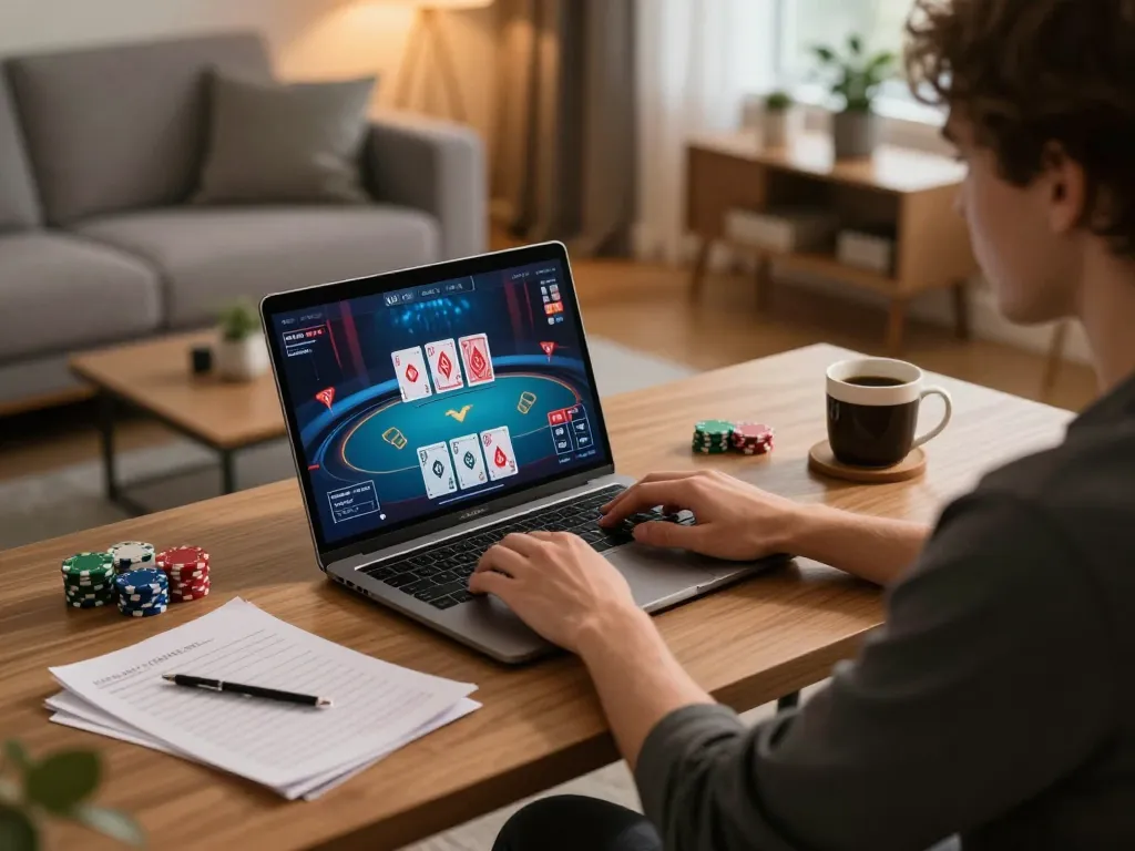 Focused player using NHÀ CÁI F168 for online poker, showing strategy and comfort in personal space.