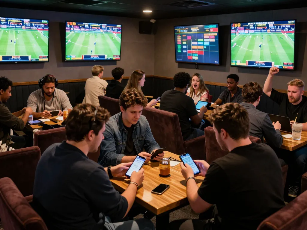 The excitement of 7meter Parlay betting captured in a lively sports betting lounge with enthusiastic players.