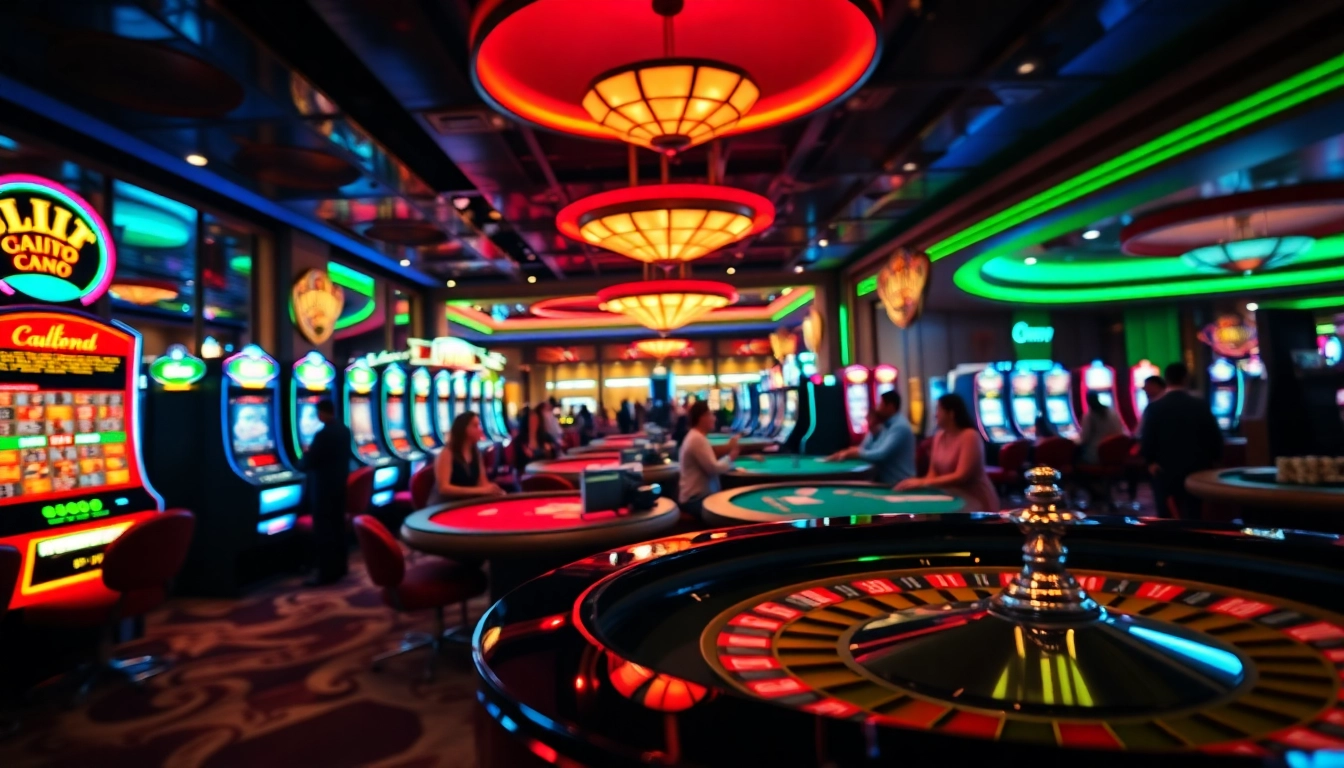 Experience the thrill at AT99, where players engage in vibrant casino games amidst bright lights.