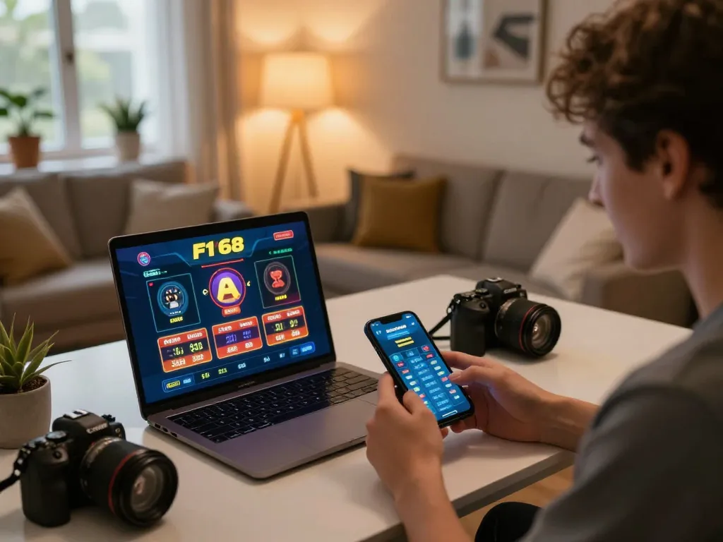 Engaged player enjoying the F168 casino app on laptop, smartphone displaying betting odds, cozy atmosphere.