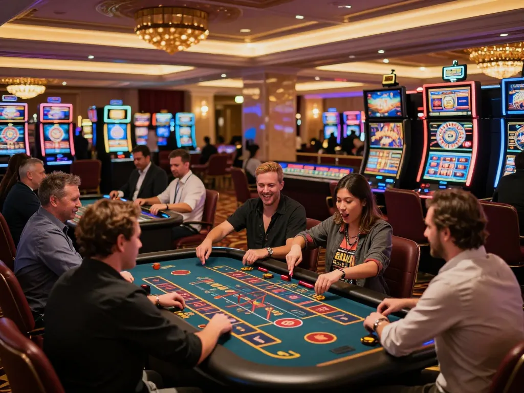 Players engaging in exciting gameplay at Nhà cái O8 casino, with vibrant slot machines and roulette