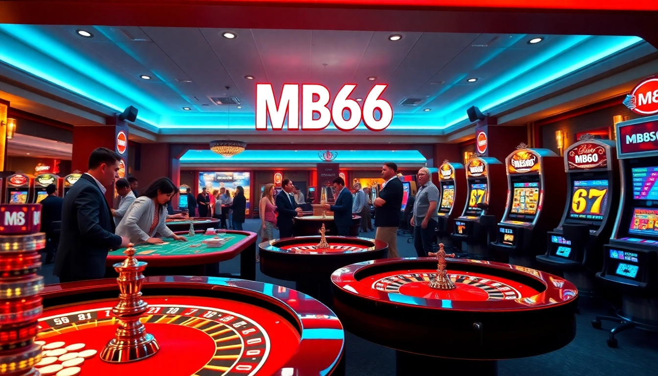 Experience thrilling gaming action with MB66's sophisticated casino atmosphere featuring vibrant tables and machines.