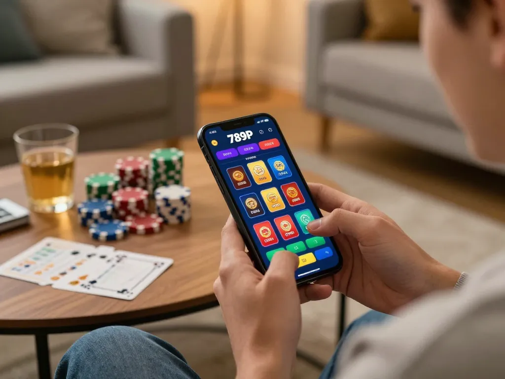 Player enthusiastically using 789P online betting app on smartphone at home, immersed in gaming.