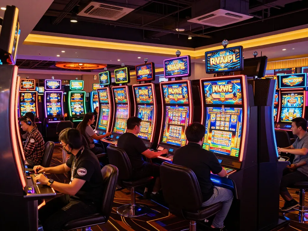 Players engaging with kdslot machines, celebrating wins in a vibrant casino atmosphere with colorful lighting