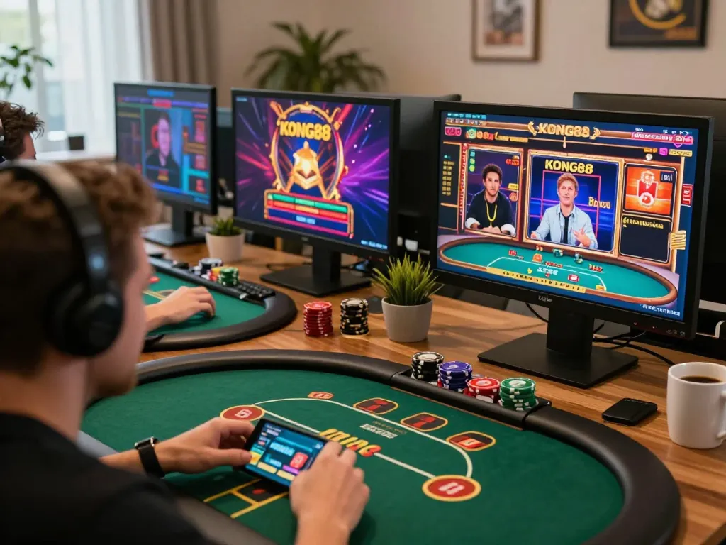 KONG88 online gaming experience showcasing exciting poker action and cozy home atmosphere
