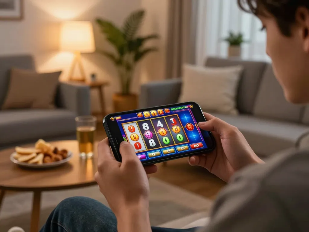 Engaged player enjoying kdslot game on a smartphone in a cozy living room atmosphere.