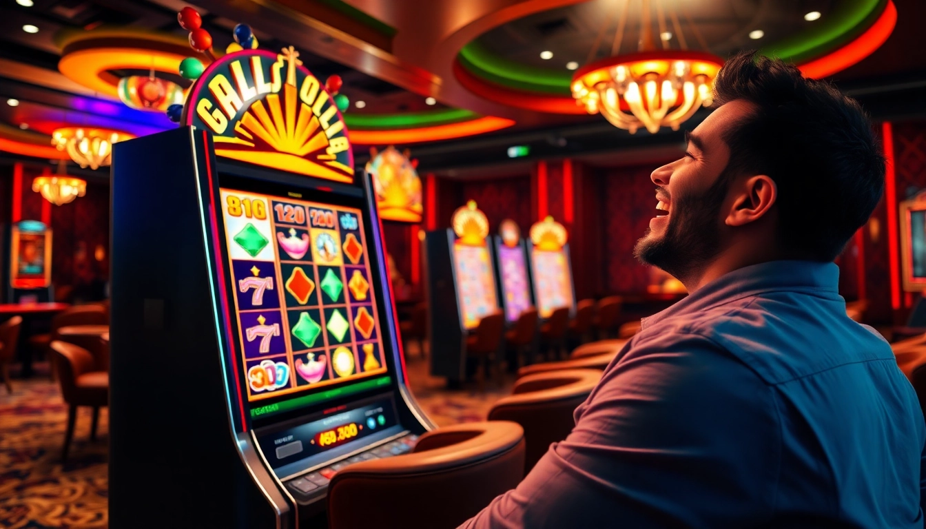 Player engaging with a Slot Online machine in a luxurious casino setting, showcasing thrilling gaming experience.