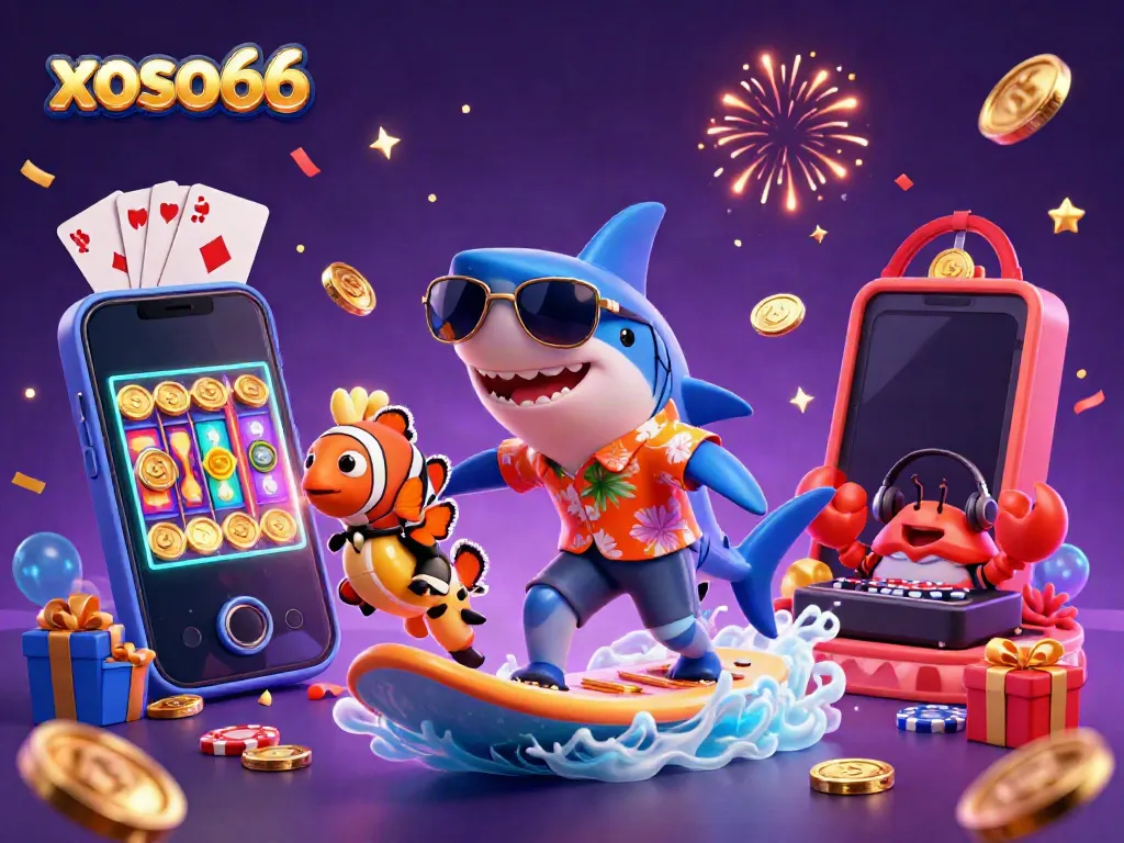 Experience the excitement of xoso66 with a vibrant 3D scene featuring casino characters and games.