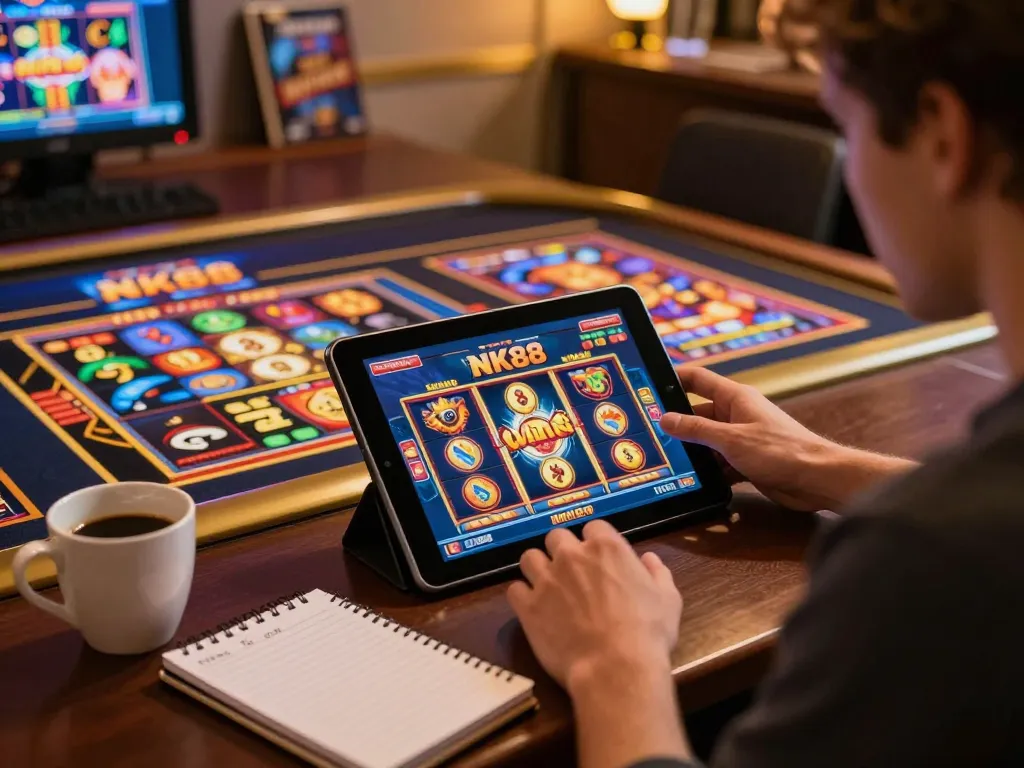 Engaging with NK88 win slots on a tablet, showcasing strategic online gambling in a cozy setting.