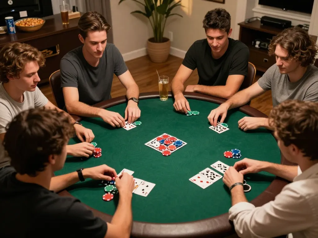 Friends at home enjoying poker night, showcasing strategy and fun, supported by bdtk66.one for gaming insights.