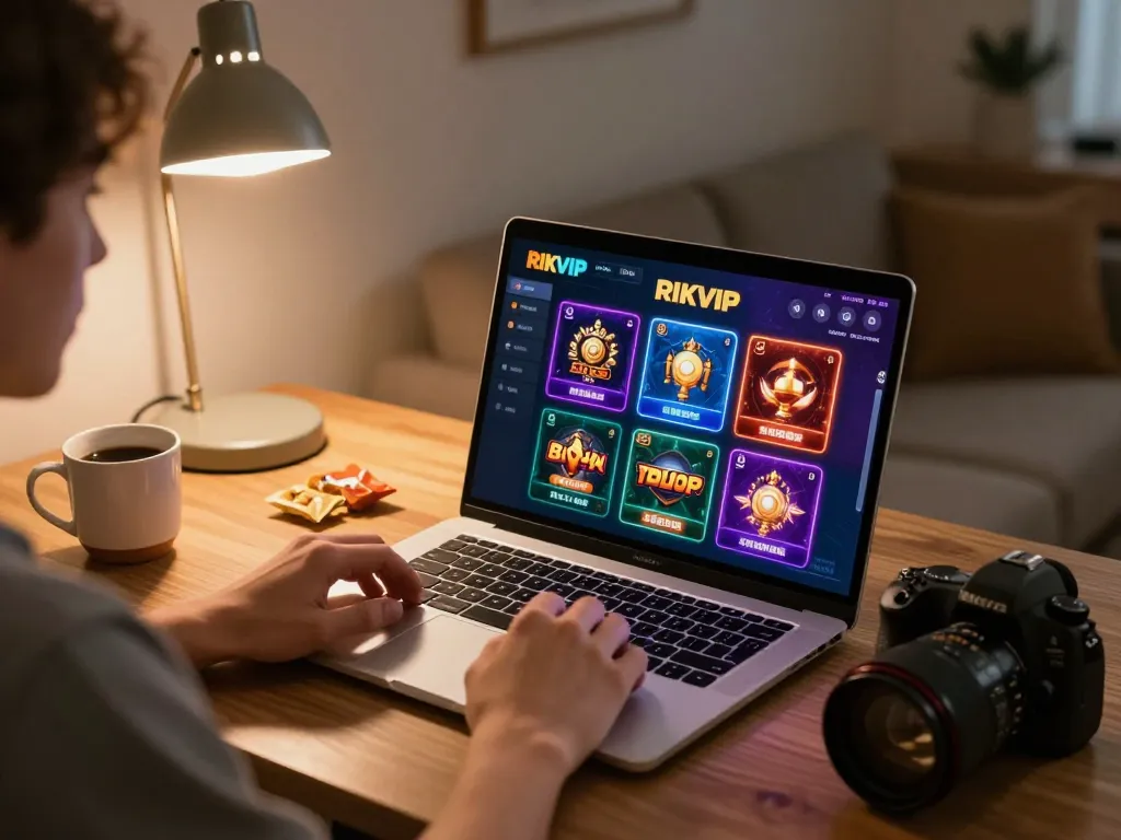 Engaging gameplay on RIKVIP with vibrant casino game visuals on a laptop in a cozy home setting.