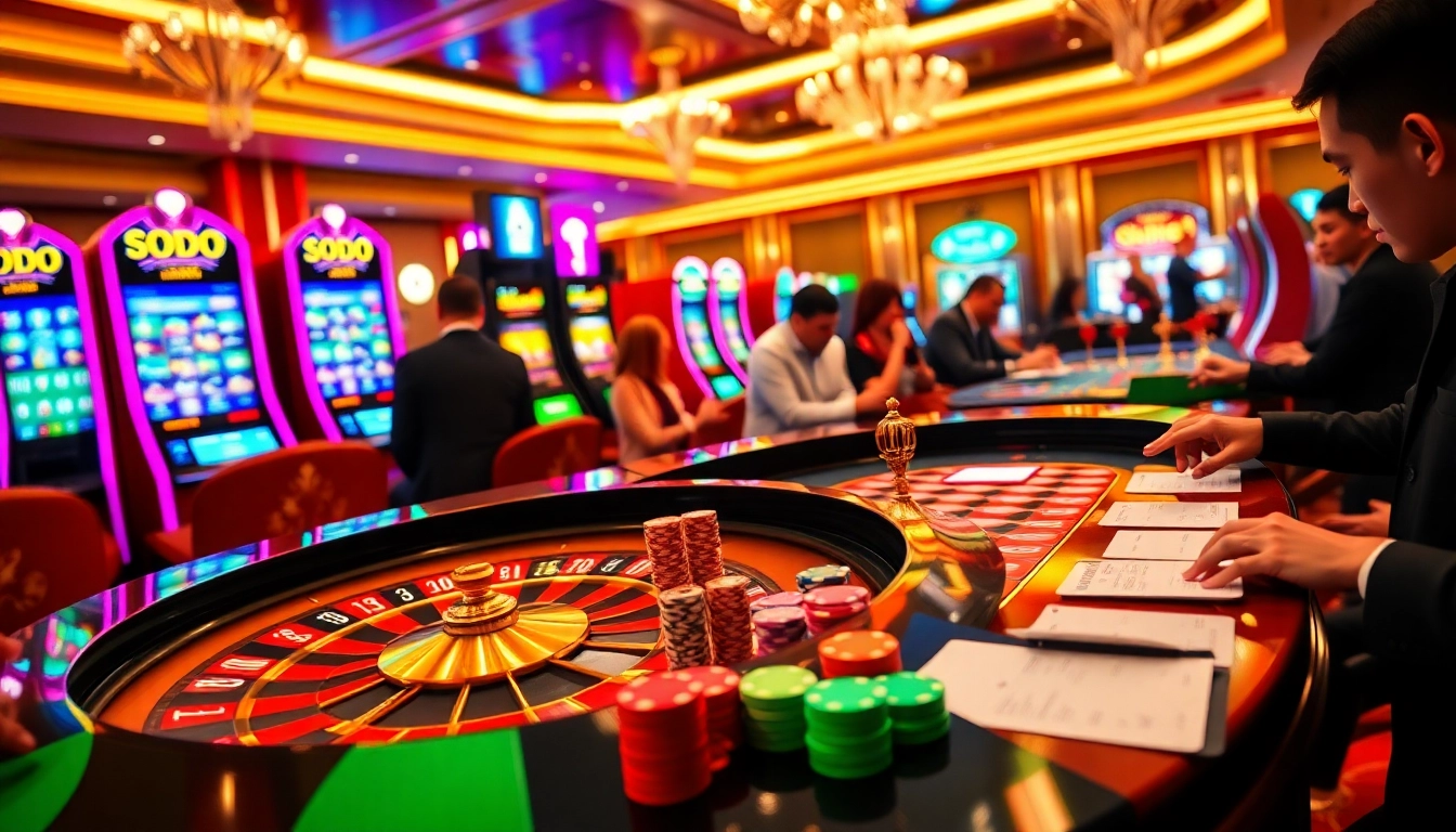 Engaging gamblers at SODO's vibrant casino with roulette and slot machines.
