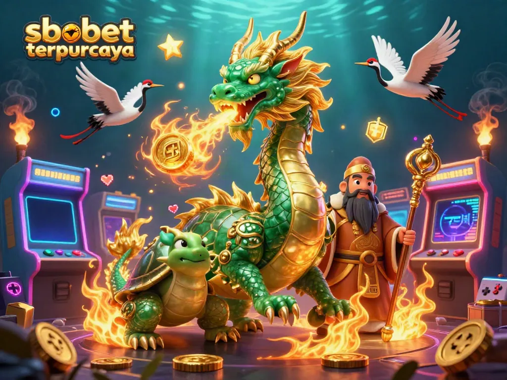 Engage with sbobet terpercaya through a dynamic illustration featuring a jade dragon and lucky cranes amidst vibrant gaming elements.