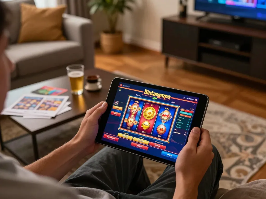 Pemain menikmati kasino online Bintangmpo di tablet dengan slot berwarna-warni di latar belakang