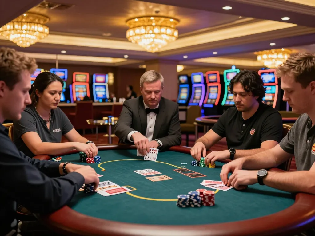 Players enjoy a tense game of Texas Hold'em at a lavish casino, showcasing key elements of 주소모음 strategy