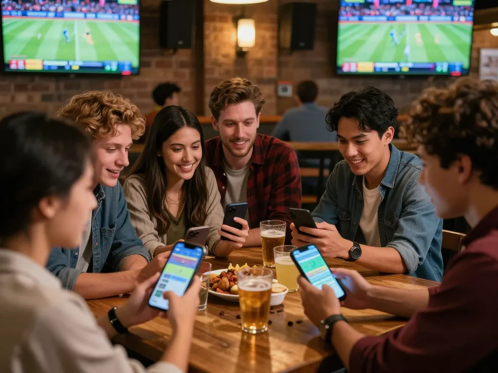 Friends engaging in sports betting strategies at a lively bar, embodying tructiepbongda excitement