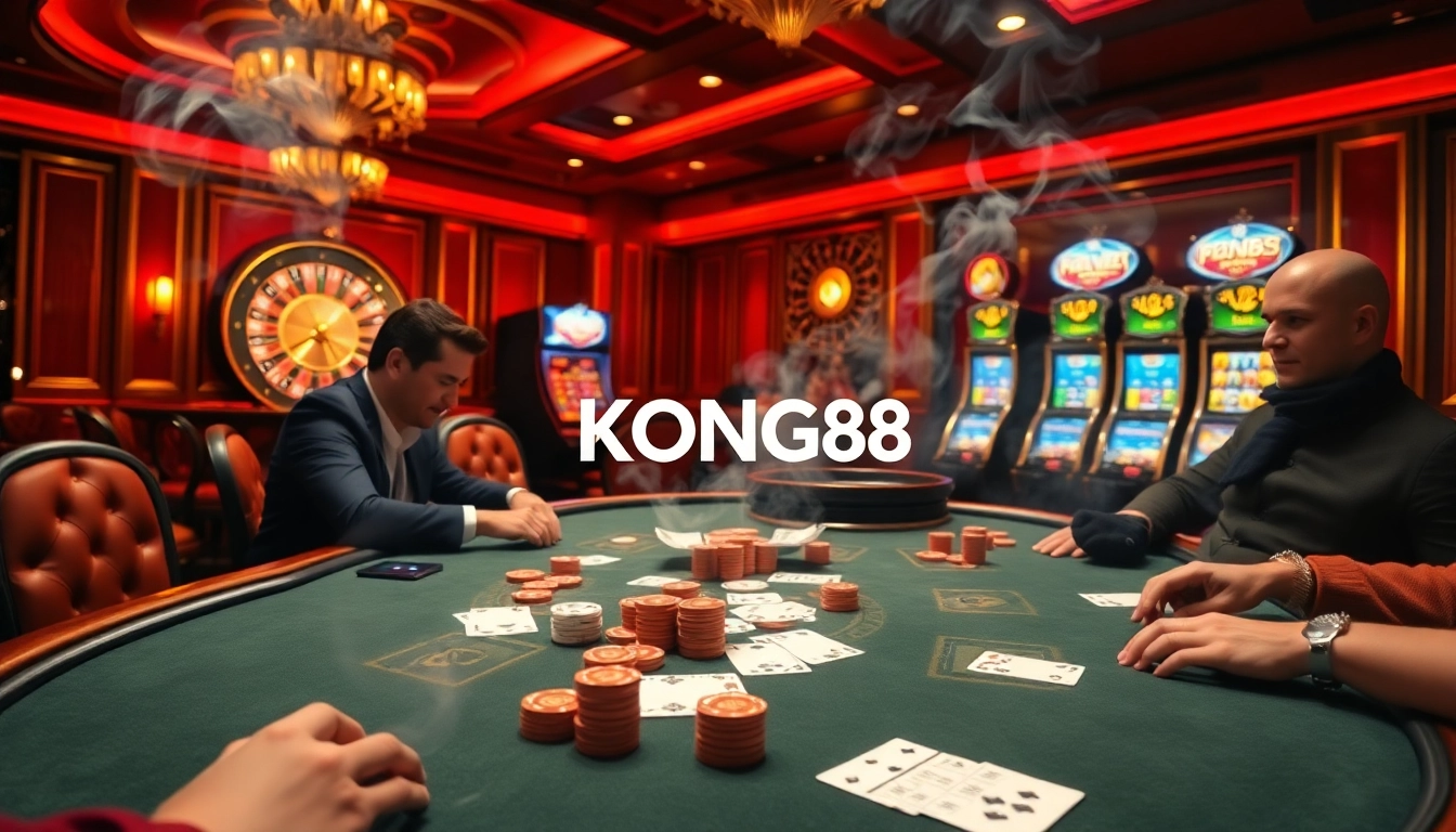 KONG88 players enjoy an exciting poker game at a luxury casino table surrounded by chips and cards.