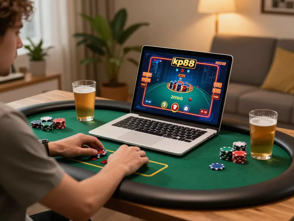 Player engaged in kp88 online poker gaming at home, reflecting excitement and strategy