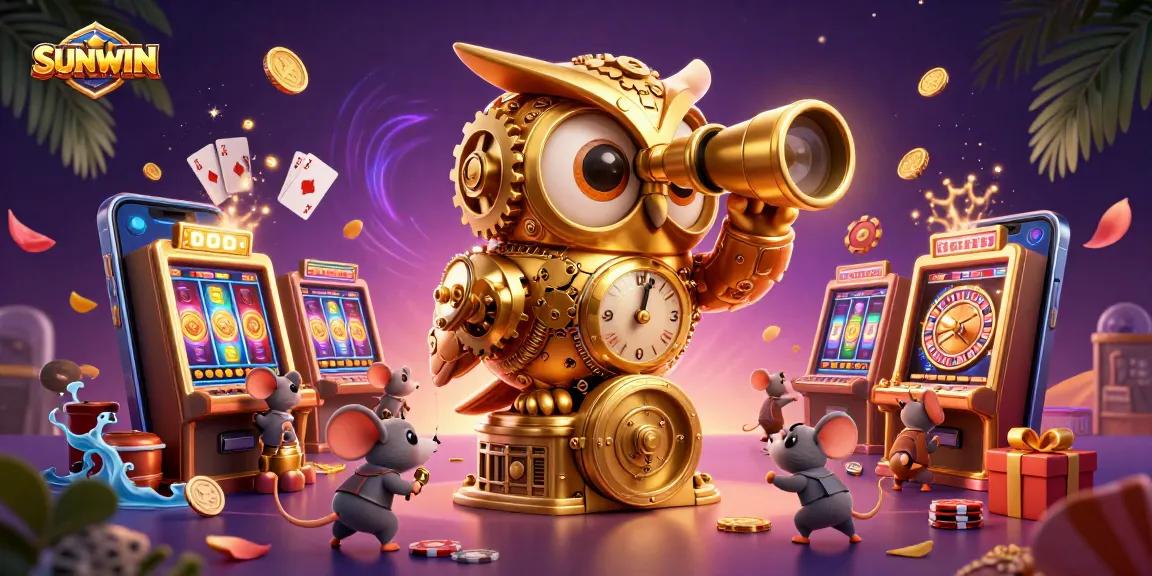 SUNWIN showcases exciting casino gaming with a clockwork owl, vibrant slot machines, and lively atmosphere.