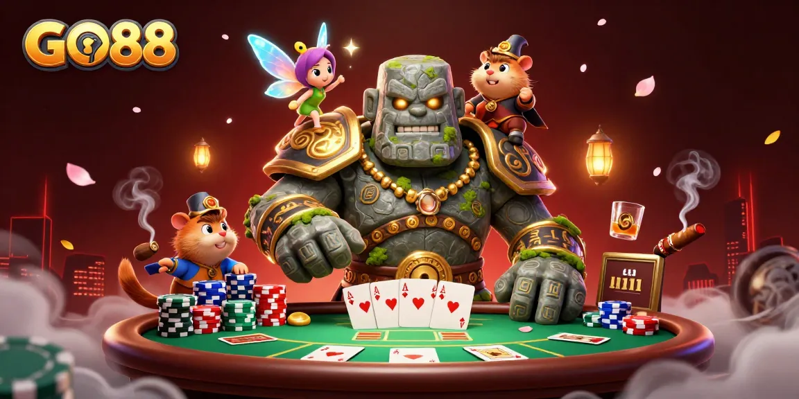 Experience exciting gameplay at GO88 with a lively illustration of a magical scene featuring a golem, fairy, and hamster knight.