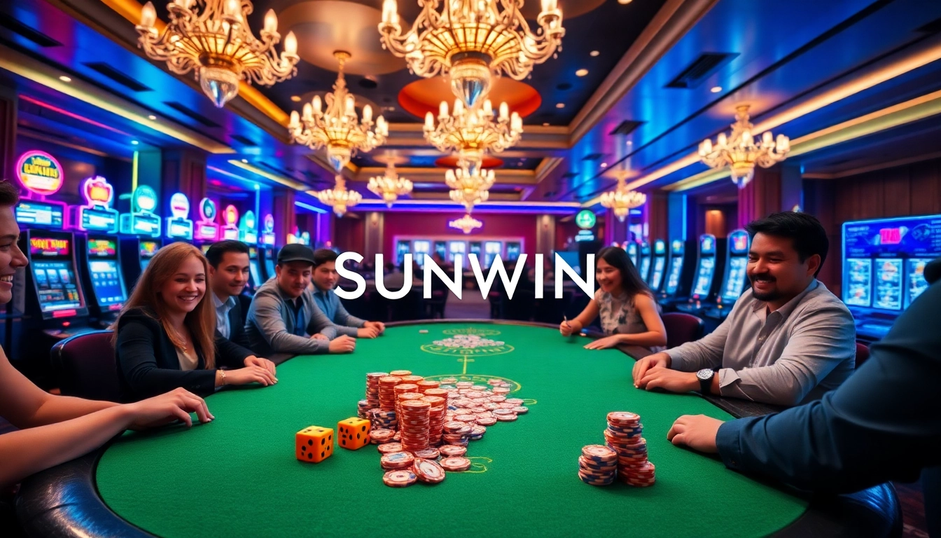 Experience Sunwin excitement at a lavish poker table surrounded by vibrant gaming elements.