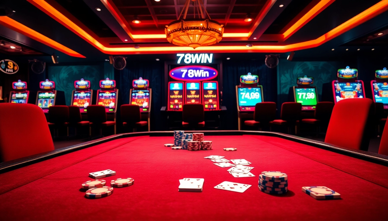Experience an exciting game with 78WIN at a luxurious casino table surrounded by vibrant poker chips and slot machines.