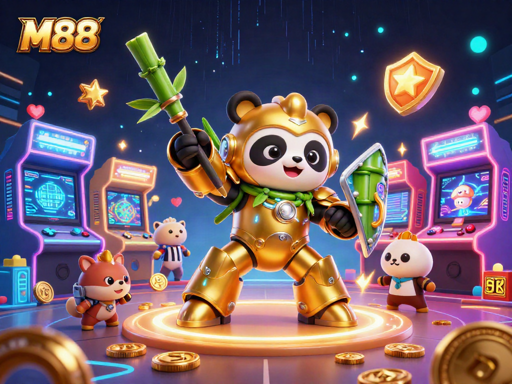 M88 casino gaming scene with a mech-suit panda battling in a vibrant arcade arena.