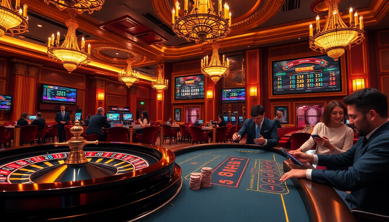 Players enjoying a thrilling gambling experience at juragan77 casino with vibrant poker tables and roulette wheel.