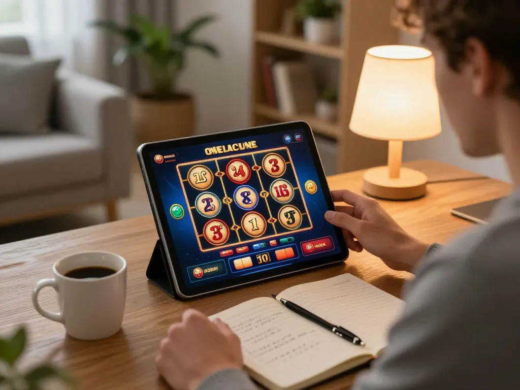 Experience luck88 while playing slots on a tablet in a cozy home setting with ambient lighting.