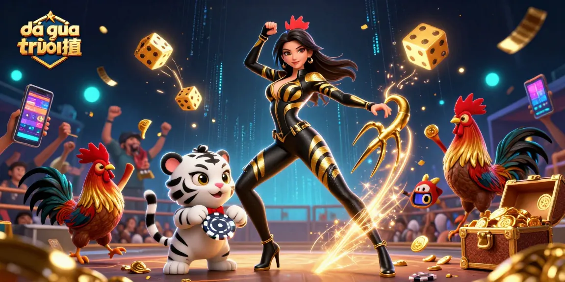 Watch exciting đá gà trực tiếp live events in a vibrant 3D illustration of a cockfighting arena.