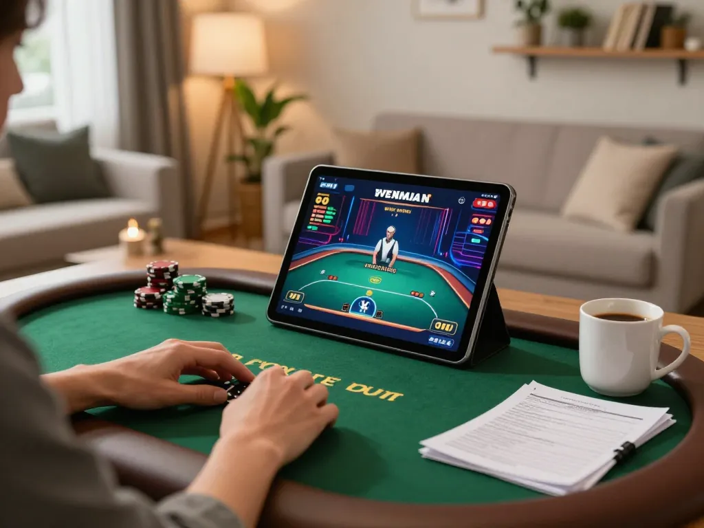 Engage in online casino at https://mm88.today/ with a vibrant poker game displayed on a tablet, cozy living room ambiance.