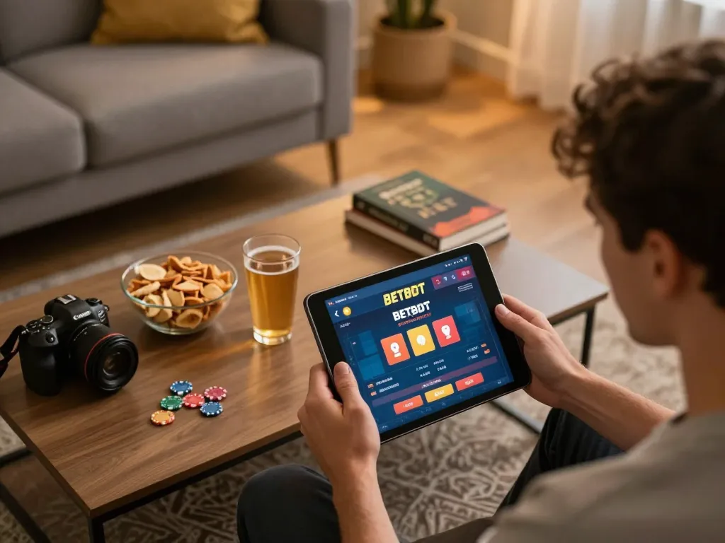 Player engaging in the BETBDT download for online gaming in a cozy home environment with snacks on a table