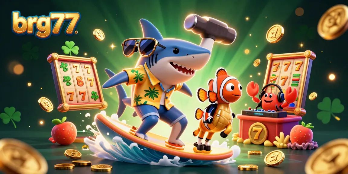 Experience thrilling gameplay with brg77's vibrant casino illustration featuring a shark surfing on gold coins.