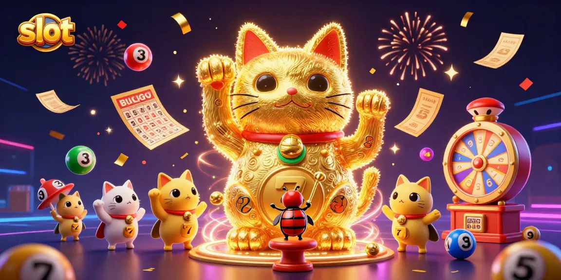 Slot menarik dengan kucing beruntung yang melambai dan simbol kasino berkilauan di latar belakang.
