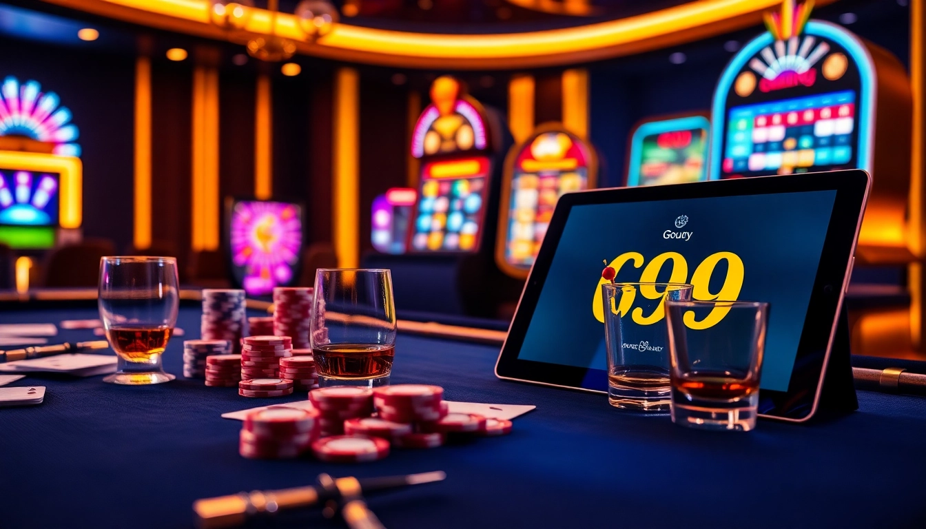 Experience excitement at Go 99's elegant casino scene with poker chips and a roulette table.