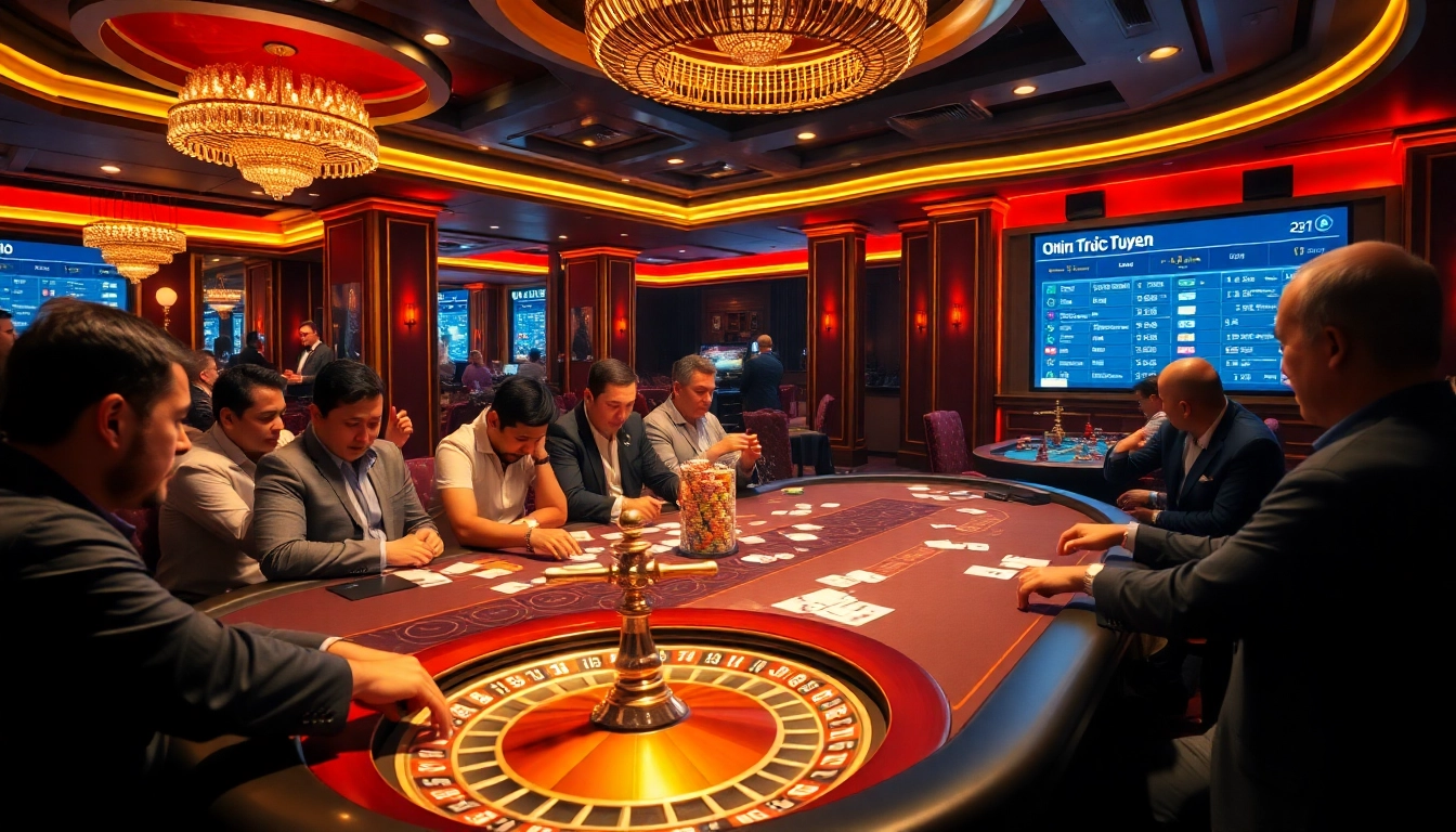 Lô Đề Trực Tuyến captures the thrill of high-stakes poker in a luxurious casino setting.
