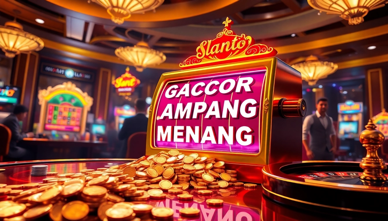 Rasakan slot gacor gampang menang dengan pemain yang menang besar di kasino mewah, menampilkan mesin slot yang cerah.